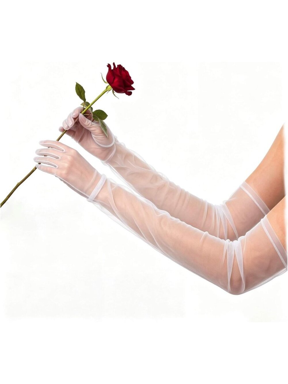 Women's White Long Sheer Mesh Extra-long Opera Length Finger Tulle Gloves